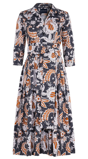Audrey Dress #2 Shirt Collar 3/4 Sleeve Midi Length Cotton Stretch (Botanic Antique Charcoal)