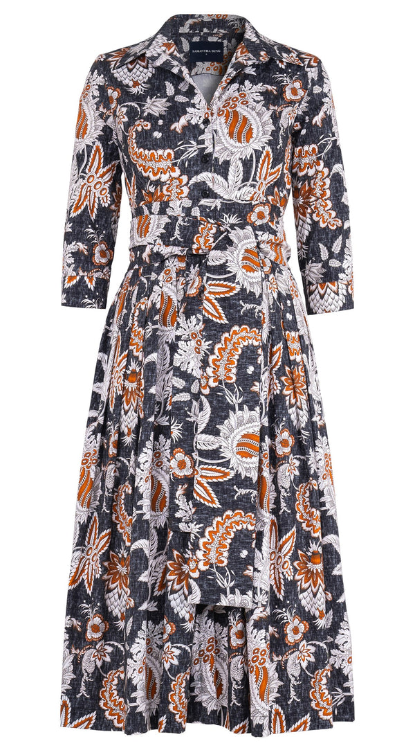 Audrey Dress #2 Shirt Collar 3/4 Sleeve Midi Length Cotton Stretch (Botanic Antique Charcoal)