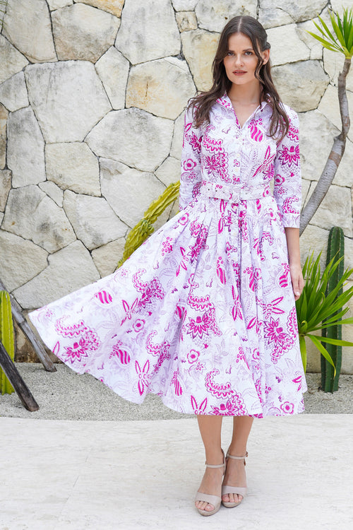 Amber Dress Shirt Collar 3/4 Sleeve Midi Length Cotton Stretch  (Botanic Antique Big White)