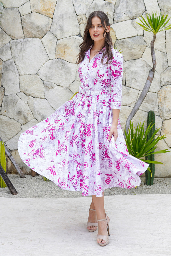 Amber Dress Shirt Collar 3/4 Sleeve Midi Length Cotton Stretch  (Botanic Antique Big White)