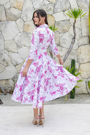 Amber Dress Shirt Collar 3/4 Sleeve Midi Length Cotton Stretch  (Botanic Antique Big White)
