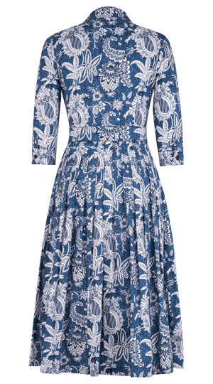 Audrey Dress #2 Shirt Collar 3/4 Sleeve Midi Length Cotton Stretch (Botanic Antique Dark)