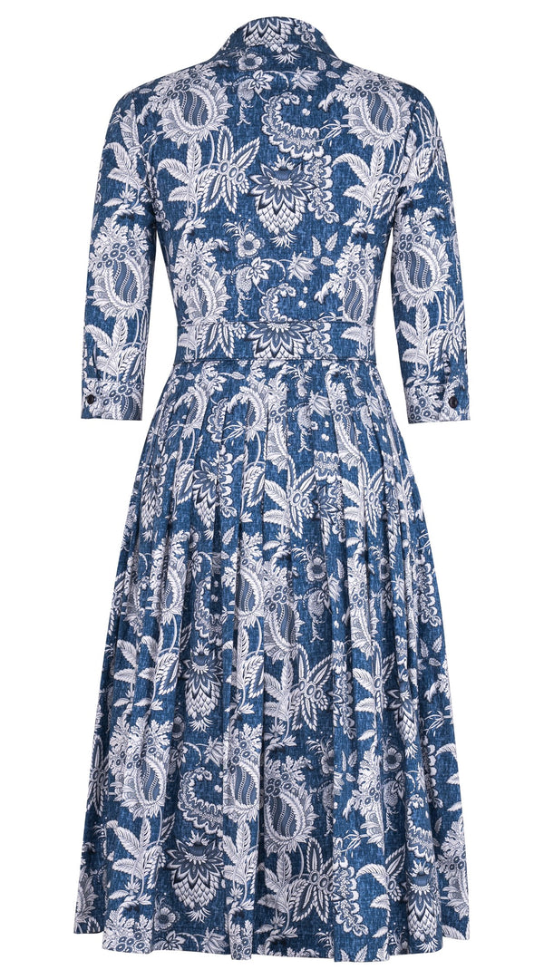 Audrey Dress #2 Shirt Collar 3/4 Sleeve Midi Length Cotton Stretch (Botanic Antique Dark)
