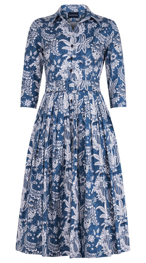 Audrey Dress #2 Shirt Collar 3/4 Sleeve Midi Length Cotton Stretch (Botanic Antique Dark)