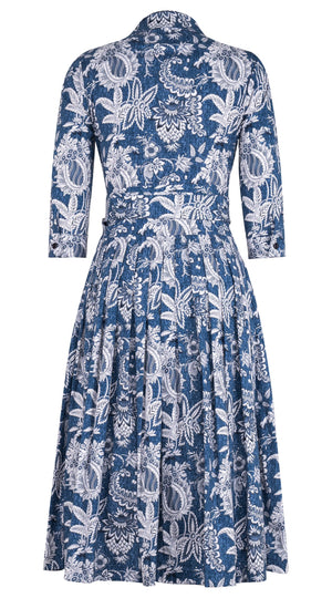 Audrey Dress #2 Shirt Collar 3/4 Sleeve Midi Length Cotton Stretch (Botanic Antique Dark)