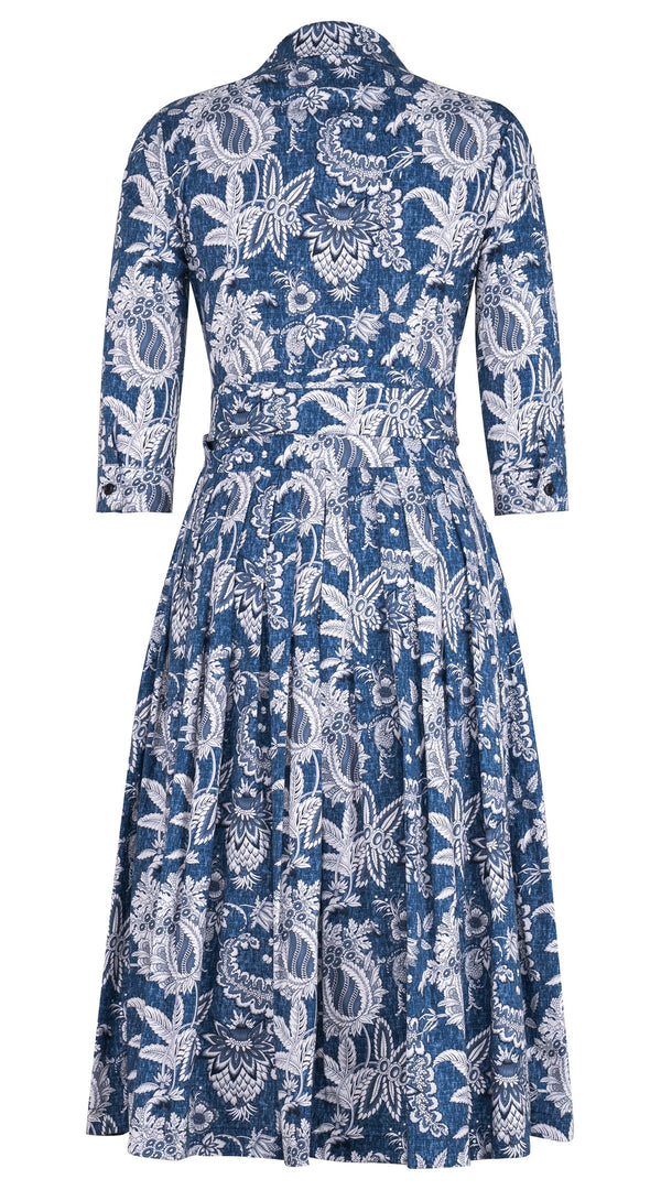 Audrey Dress #2 Shirt Collar 3/4 Sleeve Midi Length Cotton Stretch (Botanic Antique Dark)