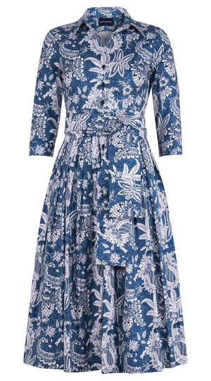 Audrey Dress #2 Shirt Collar 3/4 Sleeve Midi Length Cotton Stretch (Botanic Antique Dark)