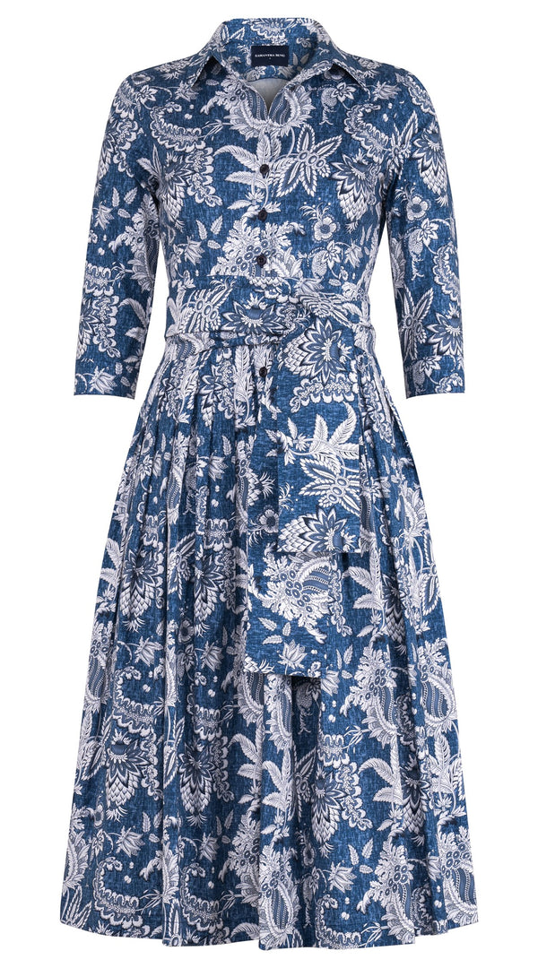 Audrey Dress #2 Shirt Collar 3/4 Sleeve Midi Length Cotton Stretch (Botanic Antique Dark)