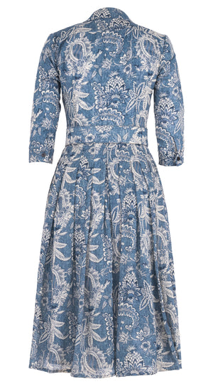 Audrey Dress #4 Shirt Collar 3/4 Sleeve Midi Length Wool Musola (Botanic Antique Dark) - Dusty Blue