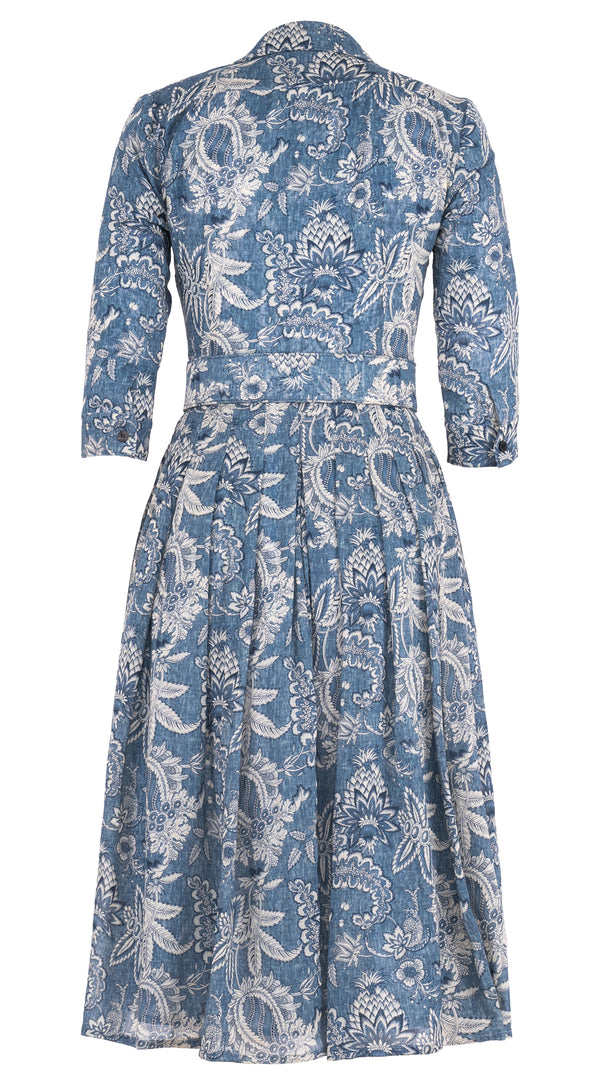 Audrey Dress #4 Shirt Collar 3/4 Sleeve Midi Length Wool Musola (Botanic Antique Dark) - Dusty Blue