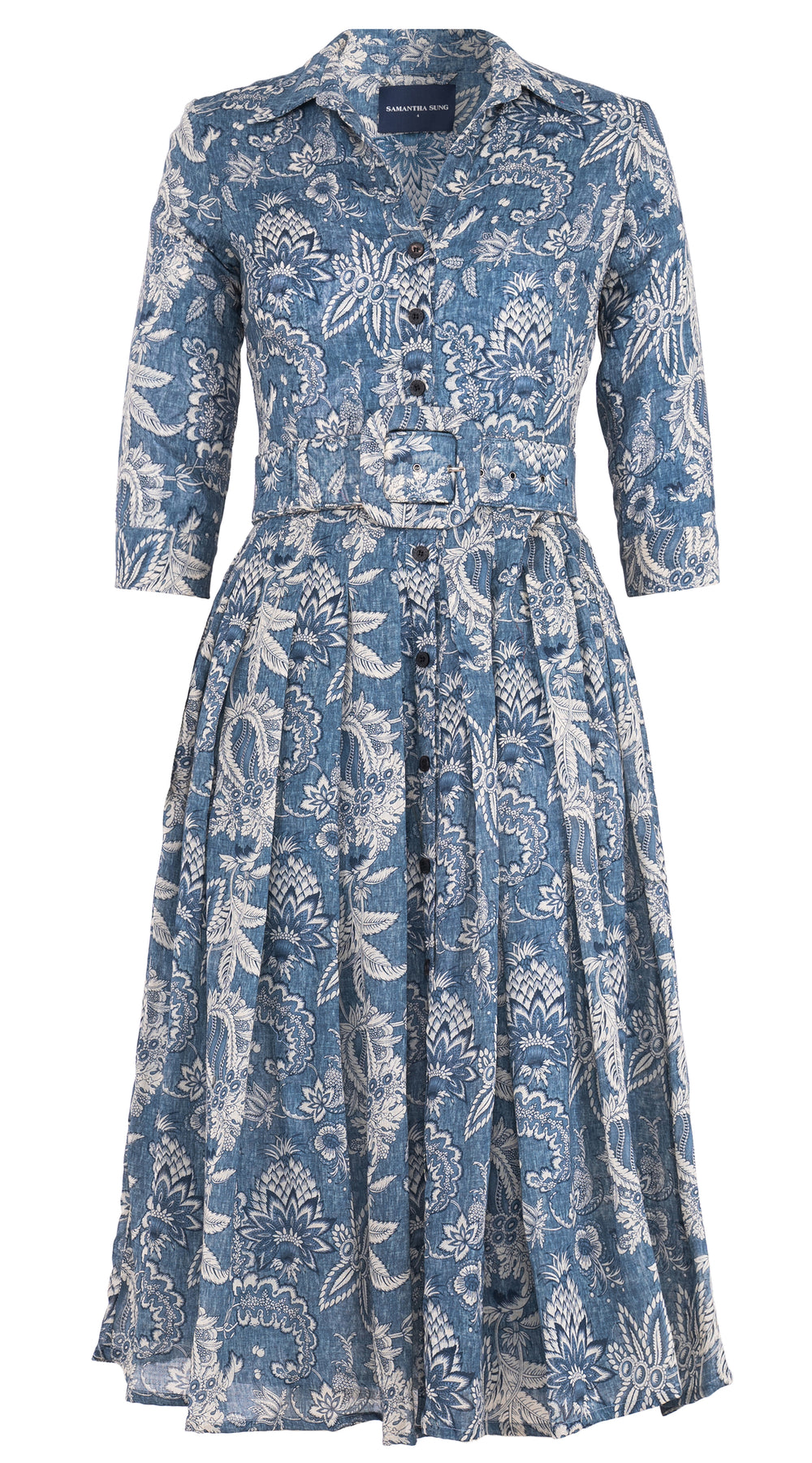 Audrey Dress #4 Shirt Collar 3/4 Sleeve Midi Length Wool Musola (Botanic Antique Dark) - Dusty Blue