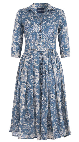 Audrey Dress #4 Shirt Collar 3/4 Sleeve Midi Length Wool Musola (Botanic Antique Dark) - Dusty Blue