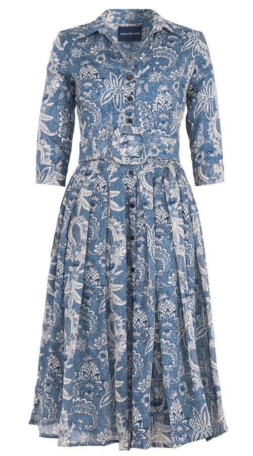 Audrey Dress #4 Shirt Collar 3/4 Sleeve Midi Length Wool Musola (Botanic Antique Dark) - Dusty Blue