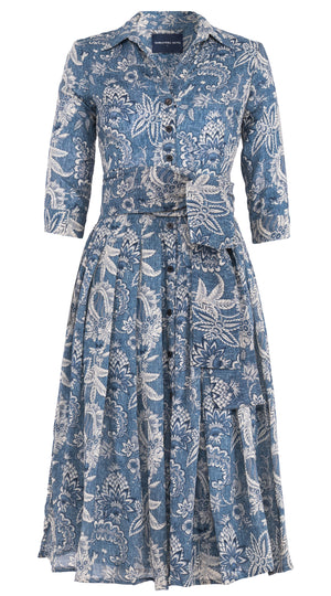 Audrey Dress #4 Shirt Collar 3/4 Sleeve Midi Length Wool Musola (Botanic Antique Dark) - Dusty Blue