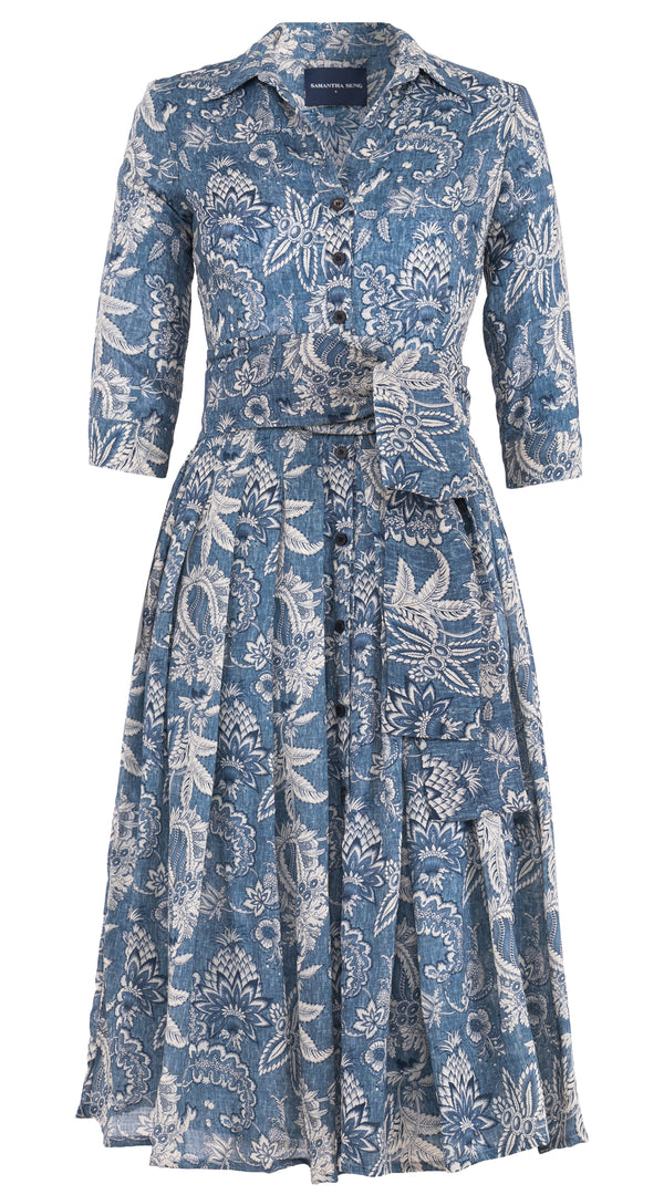 Audrey Dress #4 Shirt Collar 3/4 Sleeve Midi Length Wool Musola (Botanic Antique Dark) - Dusty Blue