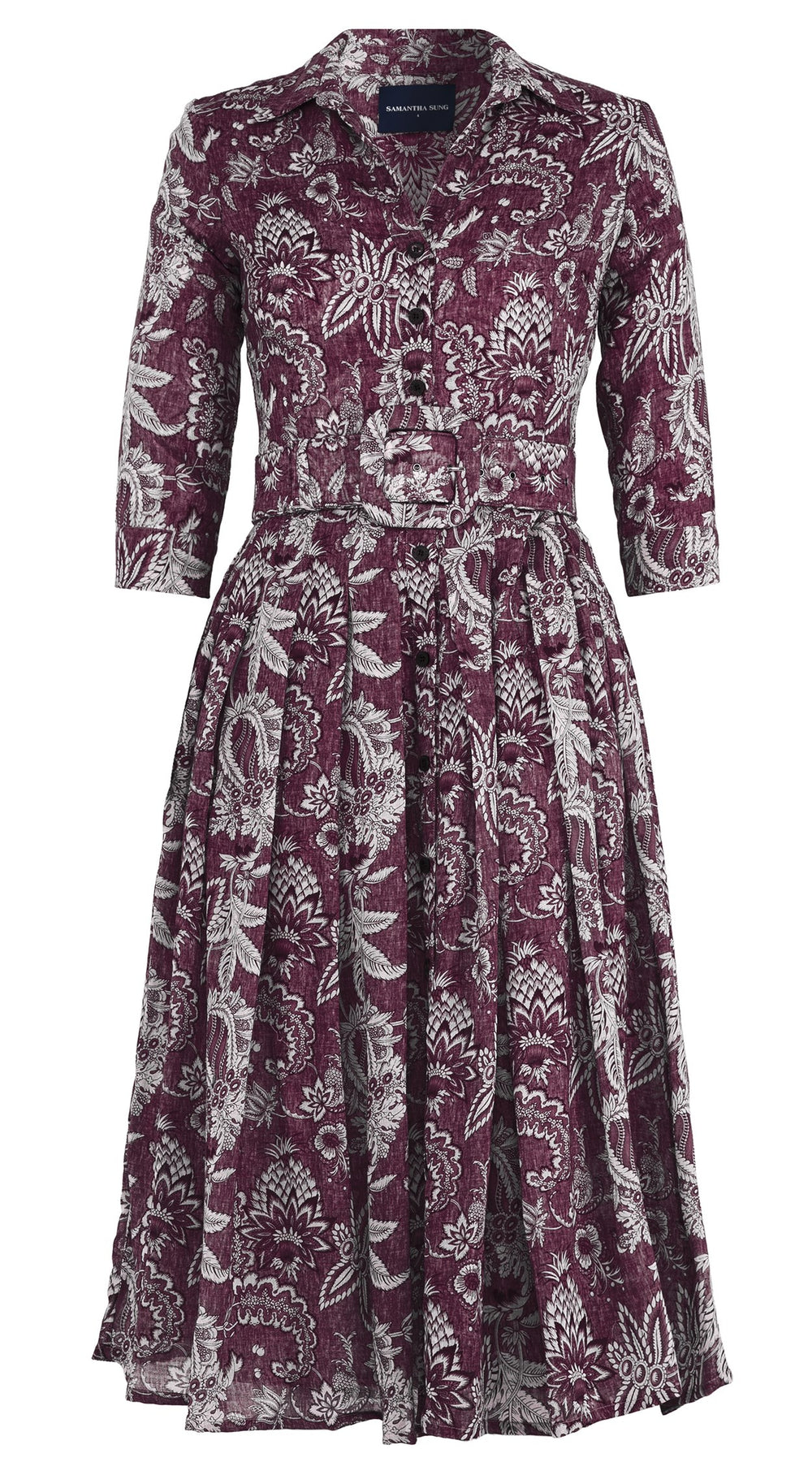 Audrey Dress #4 Shirt Collar 3/4 Sleeve Midi Length Wool Musola (Botanic Antique Dark) - Plum