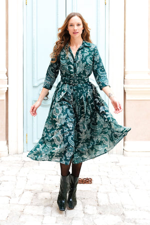 Audrey Dress #4 Shirt Collar 3/4 Sleeve Midi Length Wool (Botanic Antique Dark) - Jade