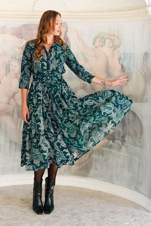 Audrey Dress #4 Shirt Collar 3/4 Sleeve Midi Length Wool (Botanic Antique Dark) - Jade