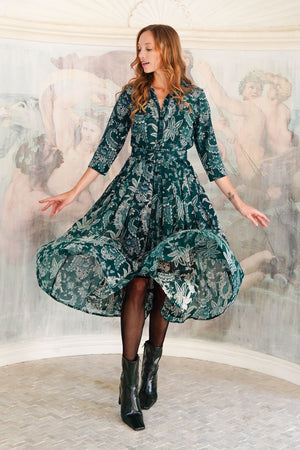 Audrey Dress #4 Shirt Collar 3/4 Sleeve Midi Length Wool (Botanic Antique Dark) - Jade