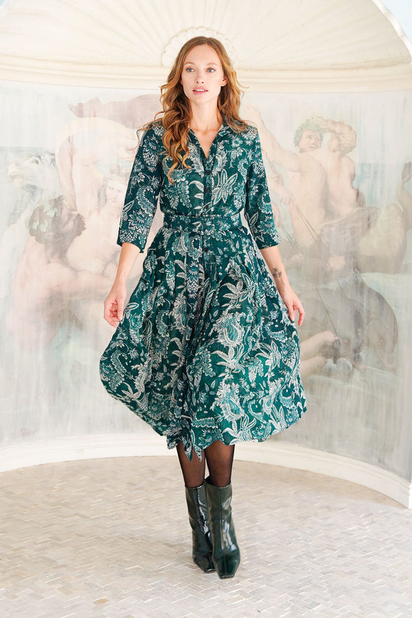 Audrey Dress #4 Shirt Collar 3/4 Sleeve Midi Length Wool (Botanic Antique Dark) - Jade