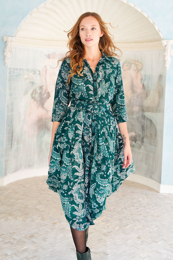 Audrey Dress #4 Shirt Collar 3/4 Sleeve Midi Length Wool (Botanic Antique Dark) - Jade
