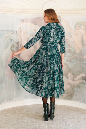 Audrey Dress #4 Shirt Collar 3/4 Sleeve Midi Length Wool (Botanic Antique Dark) - Jade