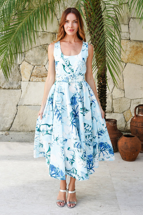Abelia Dress U Neck Sleeveless Midi Length Silk Taffta (Botanic Santuary Pastel)