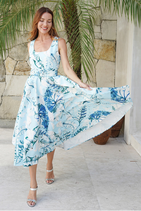 Abelia Dress U Neck Sleeveless Midi Length Silk Taffta (Botanic Santuary Pastel)