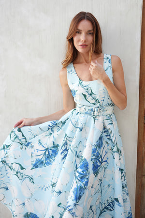 Abelia Dress U Neck Sleeveless Midi Length Silk Taffta (Botanic Santuary Pastel)