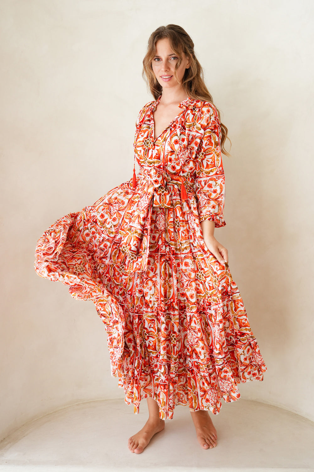 Eva Dress Crew Neck 3/4 Sleeve Maxi Length Cotton Musola (Caribbean Tile)
