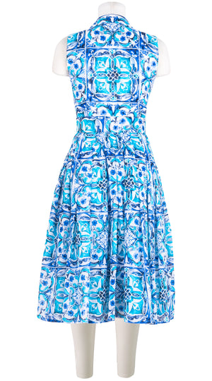 Audrey Dress #4 Shirt Collar 3/4 Sleeve Long Length Cotton Musola (Carribean Tile) @4