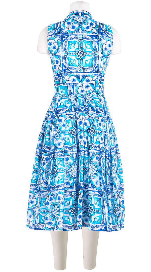 Audrey Dress #4 Shirt Collar 3/4 Sleeve Long Length Cotton Musola (Carribean Tile) @4