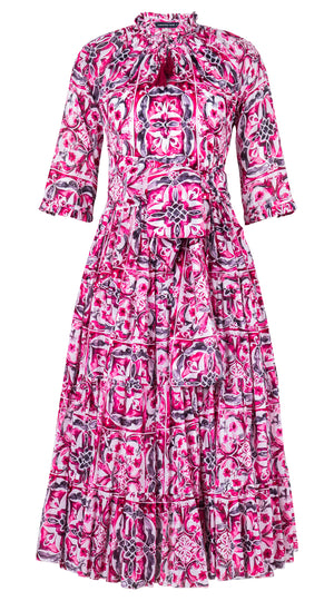 Eva Dress Crew Neck 3/4 Sleeve Midi Length Cotton Musola (Caribbean Tile)