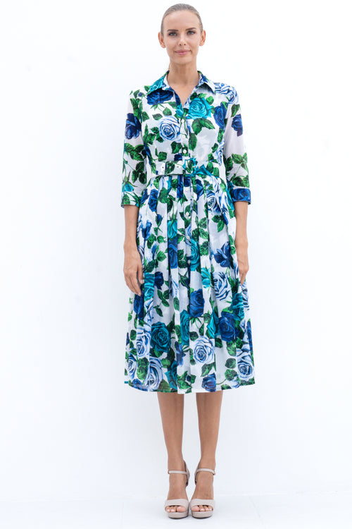 Audrey Dress #4 Shirt Collar 3/4 Sleeve Midi Length Cotton Musola (Charlotte Rose Small)