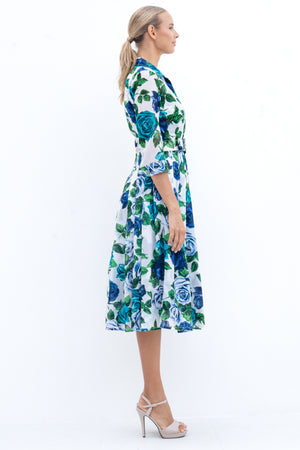 Audrey Dress #4 Shirt Collar 3/4 Sleeve Midi Length Cotton Musola (Charlotte Rose Small)