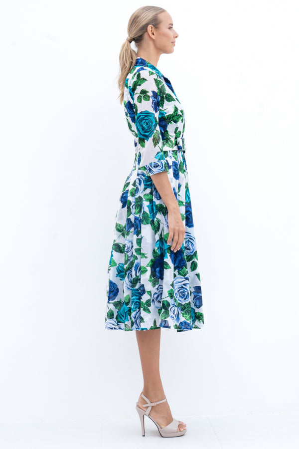 Audrey Dress #4 Shirt Collar 3/4 Sleeve Midi Length Cotton Musola (Charlotte Rose Small)