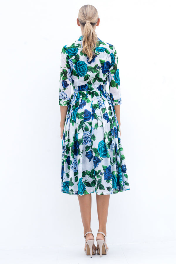 Audrey Dress #4 Shirt Collar 3/4 Sleeve Midi Length Cotton Musola (Charlotte Rose Small)