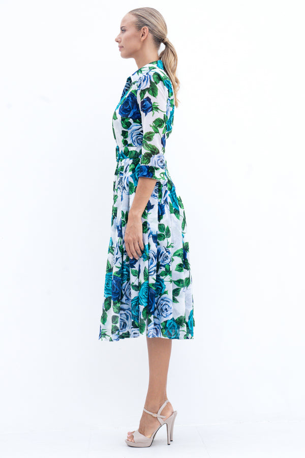 Audrey Dress #4 Shirt Collar 3/4 Sleeve Midi Length Cotton Musola (Charlotte Rose Small)