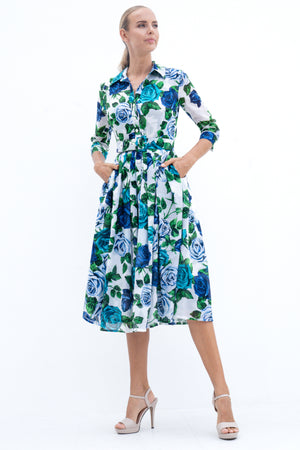 Audrey Dress #4 Shirt Collar 3/4 Sleeve Midi Length Cotton Musola (Charlotte Rose Small)