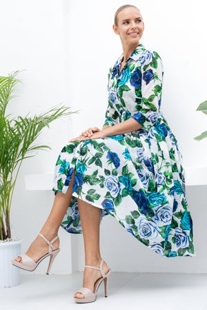 Audrey Dress #4 Shirt Collar 3/4 Sleeve Midi Length Cotton Musola (Charlotte Rose Small)