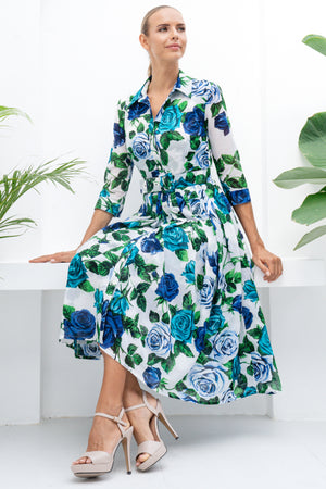 Audrey Dress #4 Shirt Collar 3/4 Sleeve Midi Length Cotton Musola (Charlotte Rose Small)
