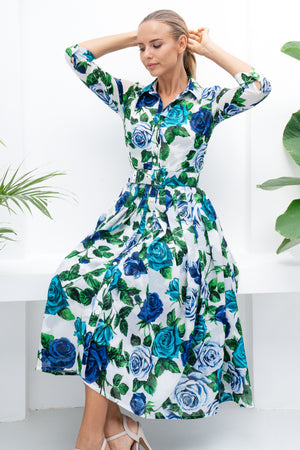 Audrey Dress #4 Shirt Collar 3/4 Sleeve Midi Length Cotton Musola (Charlotte Rose Small)