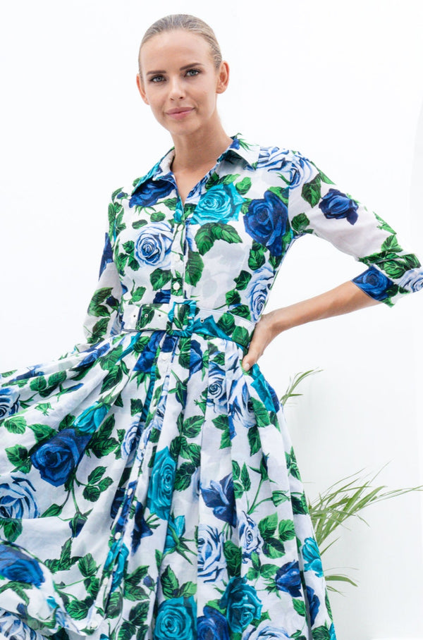 Audrey Dress #4 Shirt Collar 3/4 Sleeve Midi Length Cotton Musola (Charlotte Rose Small)