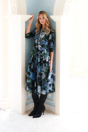 Audrey Dress #4 Shirt Collar 3/4 Sleeve Midi Length Wool (Charlotte Rose Big Dark) - Black Blue