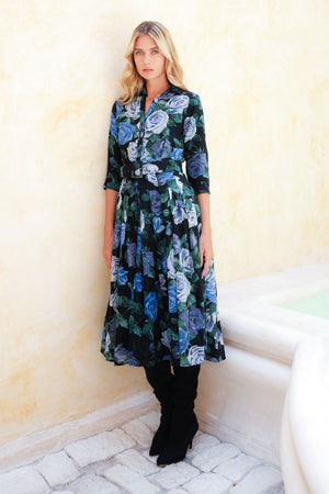 Audrey Dress #4 Shirt Collar 3/4 Sleeve Midi Length Wool (Charlotte Rose Big Dark) - Black Blue