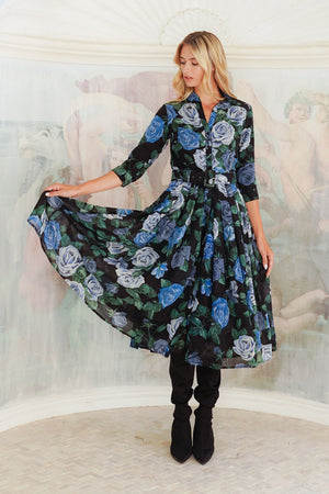 Audrey Dress #4 Shirt Collar 3/4 Sleeve Midi Length Wool (Charlotte Rose Big Dark) - Black Blue