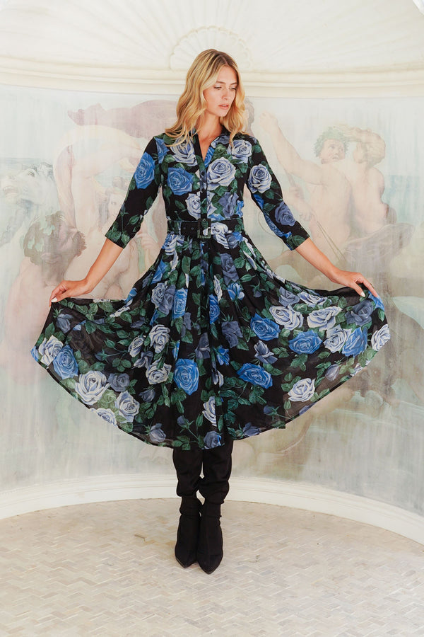 Audrey Dress #4 Shirt Collar 3/4 Sleeve Midi Length Wool (Charlotte Rose Big Dark) - Black Blue