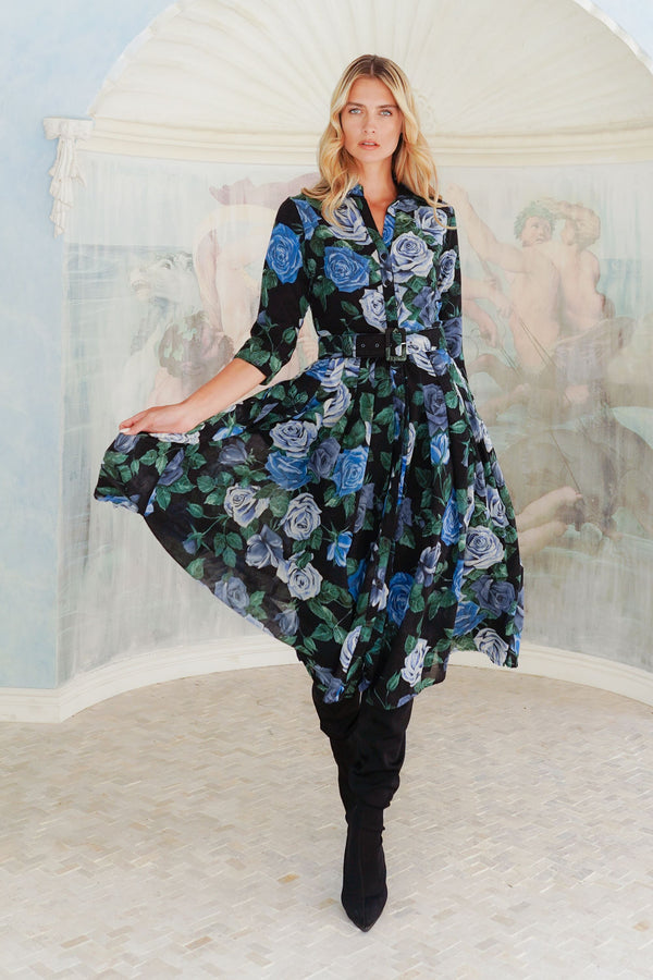 Audrey Dress #4 Shirt Collar 3/4 Sleeve Midi Length Wool (Charlotte Rose Big Dark) - Black Blue