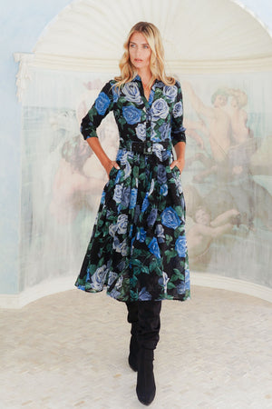 Audrey Dress #4 Shirt Collar 3/4 Sleeve Midi Length Wool (Charlotte Rose Big Dark) - Black Blue