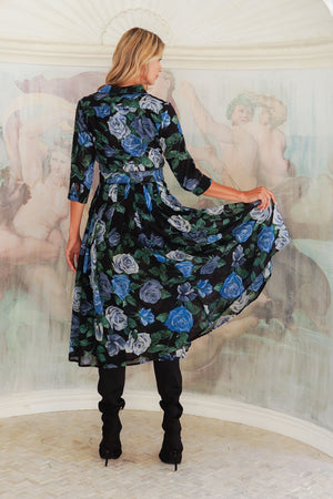 Audrey Dress #4 Shirt Collar 3/4 Sleeve Midi Length Wool (Charlotte Rose Big Dark) - Black Blue